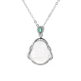 White Chalcedony Laughing Buddha S925 Sterling Silver Necklace