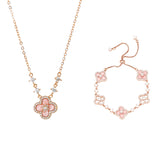 Pink Four-leaf Clover Necklace & Bracelet SET