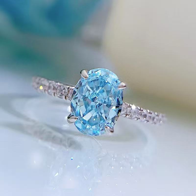 High Carbon Diamond S925 Sterling Silver Ring-Blue Oval
