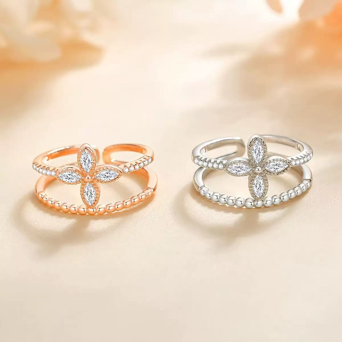 Double-layer Four leaf Clover Design S925 Sterling Silver Ring