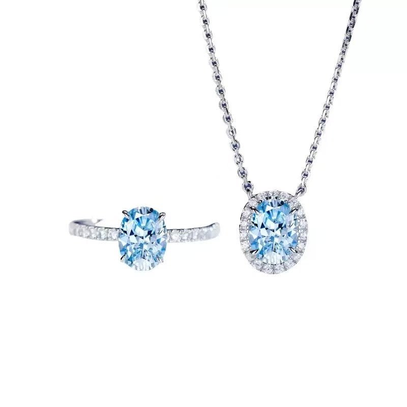 High Carbon Diamond S925 Silver Blue Oval SET-Necklace & Ring