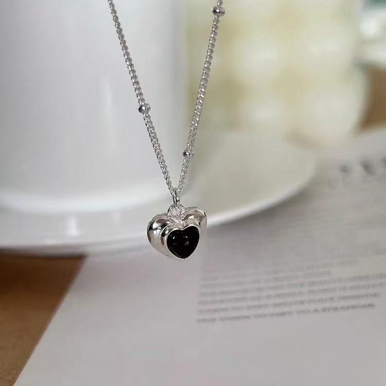 Black Agate Heart Shaped S925 Sterling Silver Necklace