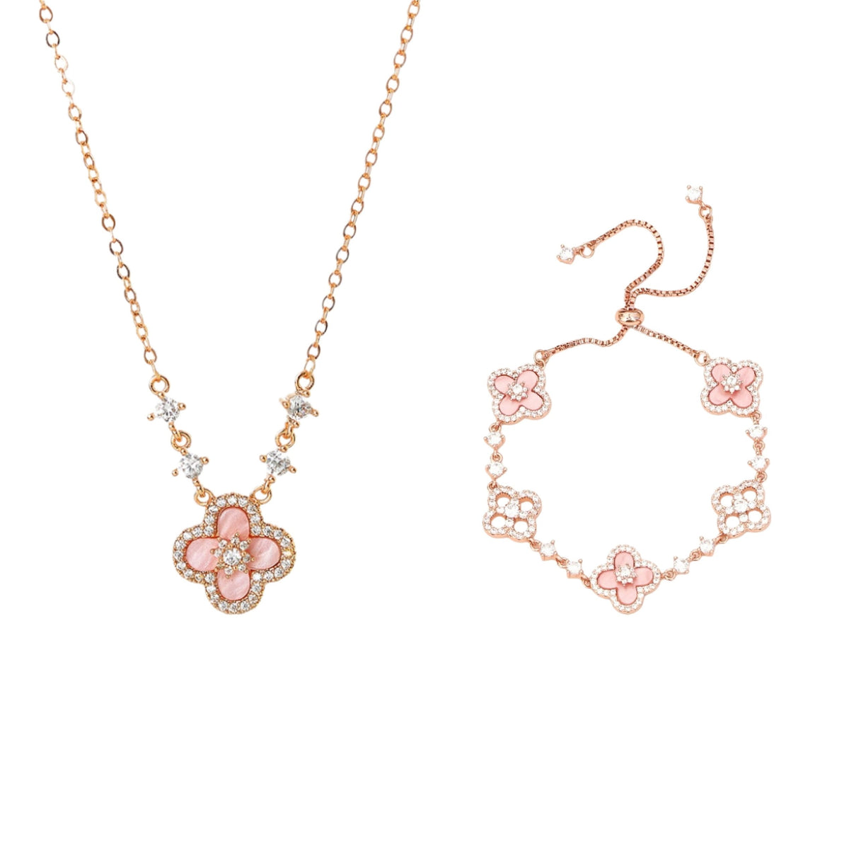 Pink Four-leaf Clover Necklace & Bracelet SET