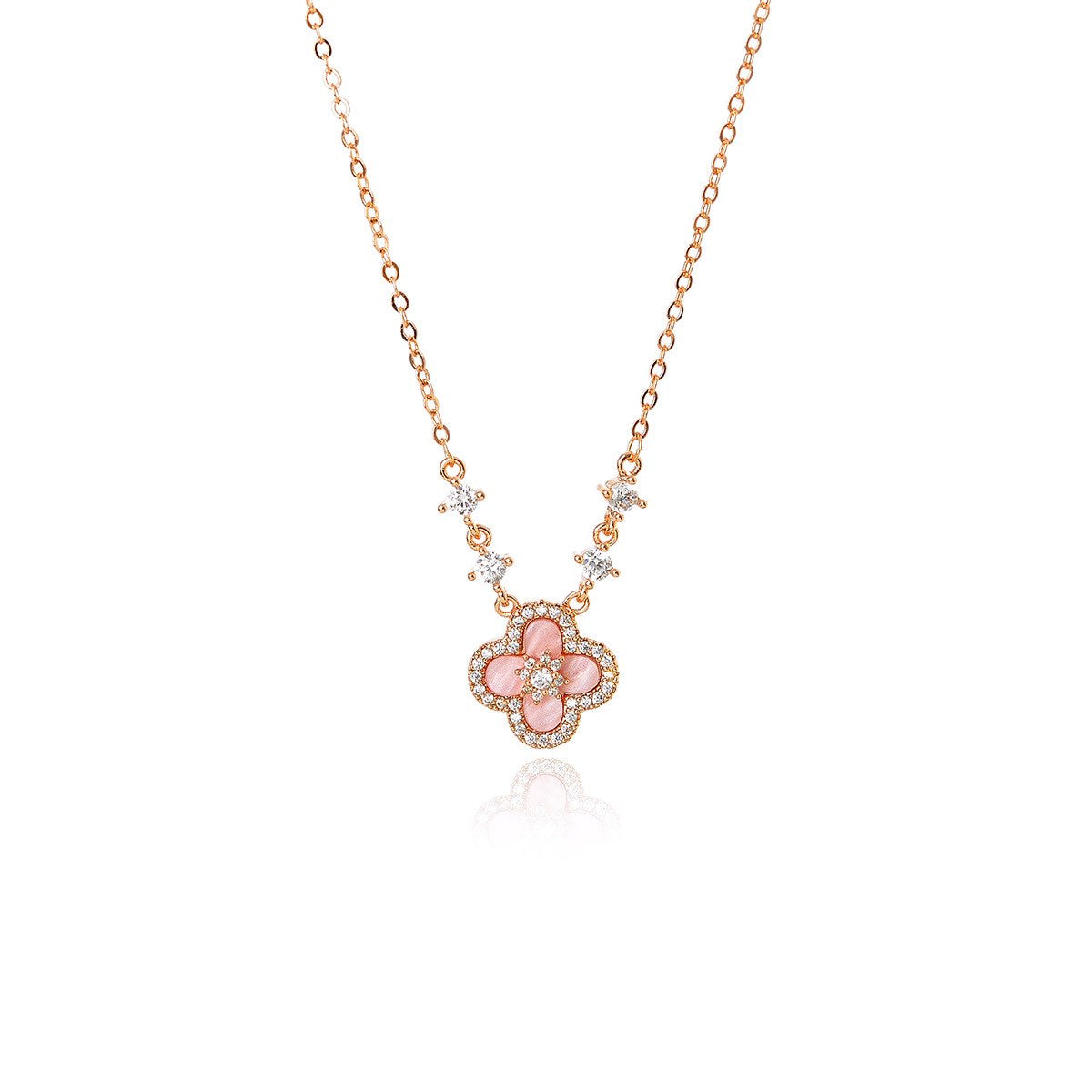 Pink Four-leaf Clover Necklace Set with 5A Zircon